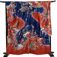 Long-sleeved kimono length 161cm sleeve length 68cm L sleeve flowers and birds