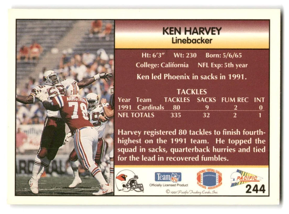 Ken Harvey 1992 Pacific FOOTBALL #244 Phoenix Cardinals - Image 2 of 2