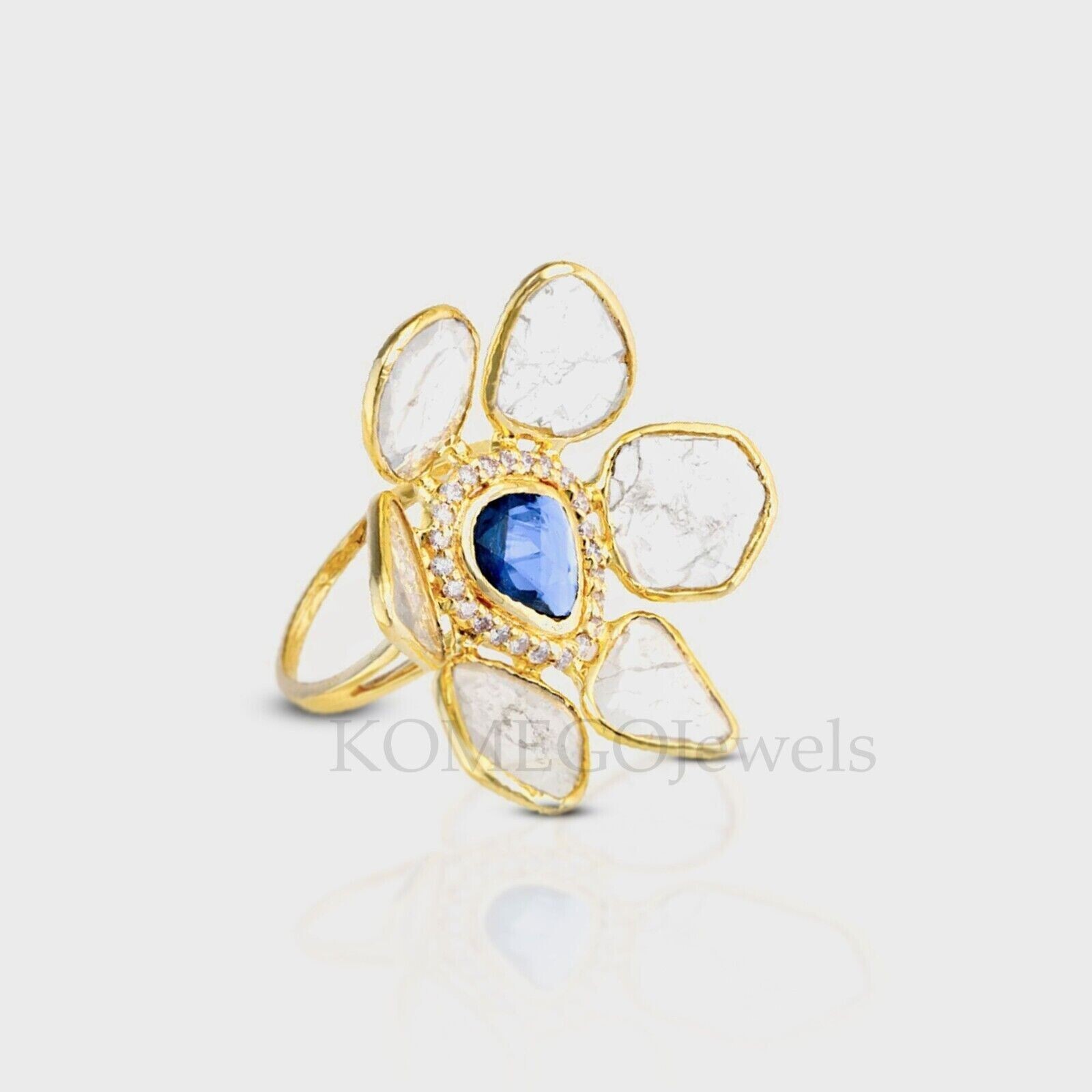 Natural Polki Pave Diamond Blue Sapphire Floral Vintage Ring Jewelry