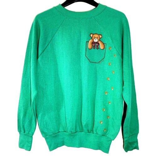 Vintage 80’s Made In USA Green Sweatshirt Teddy Bear & Paws Crewneck Size Large - Afbeelding 1 van 10