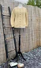 True Vintage Hand Made Knitted Cream Aran Cable Chunky Knit Cardigan Jacket L 14