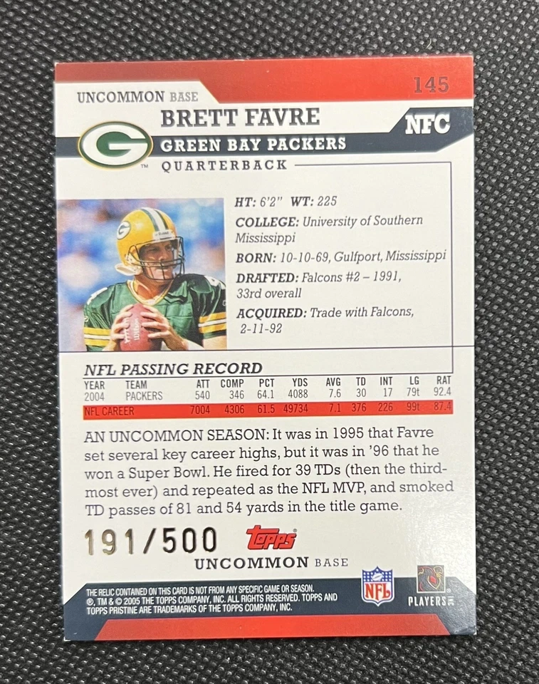 2005 Topps Pristine football Brett Favre swatch 191/500 - Image 2 of 2