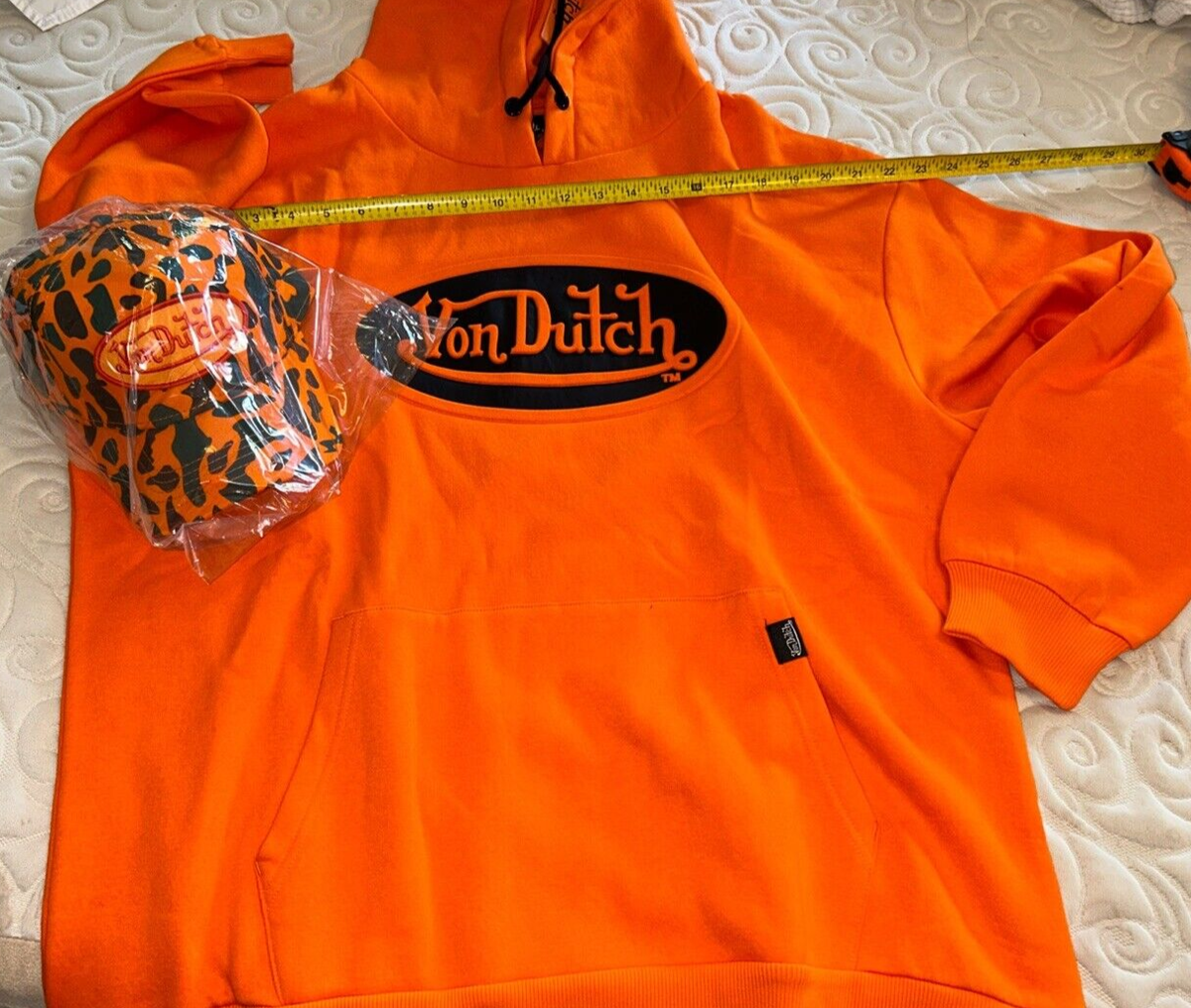 set Von Dutch UNISEX BLACK & ORANGE HOODIE +camo hat pullover 