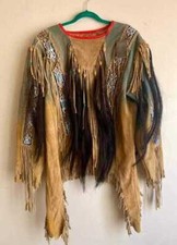 Men Traditional Wear Western Style Suede Leather Warrior Shirt Fringes  Beaded