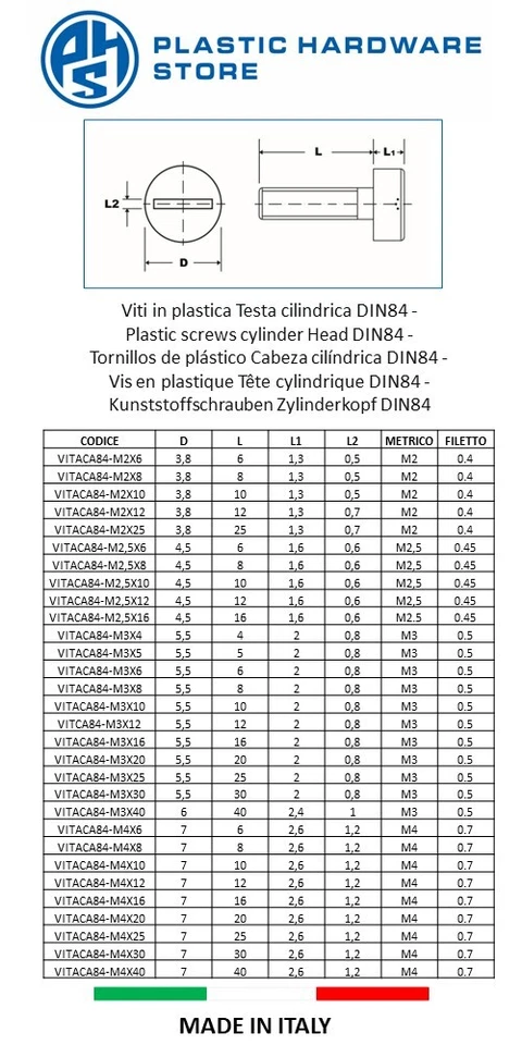 Viti in plastica Testa cilindrica DIN84 Taglio Fessura - PHS - Immagine 2 di 3