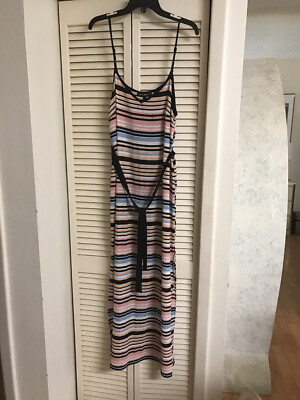 Derek Heart Pink Black Blue Striped Maxi Side Slits Belted Dress Size M |  eBay