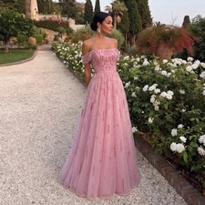 Elegant Pink A Line Evening Dress Off The Shoulder Luxury Beaded Party Prom Gown