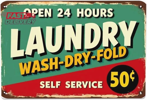 AOYEGO Laundry Tin Sign,Self Service Wash Dry Fold Vintage Metal Tin Signs for C