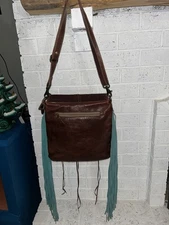 Myra Shoulder Cross Bag Leather, Hair On, saddle flap Turquoise Leather Fringe