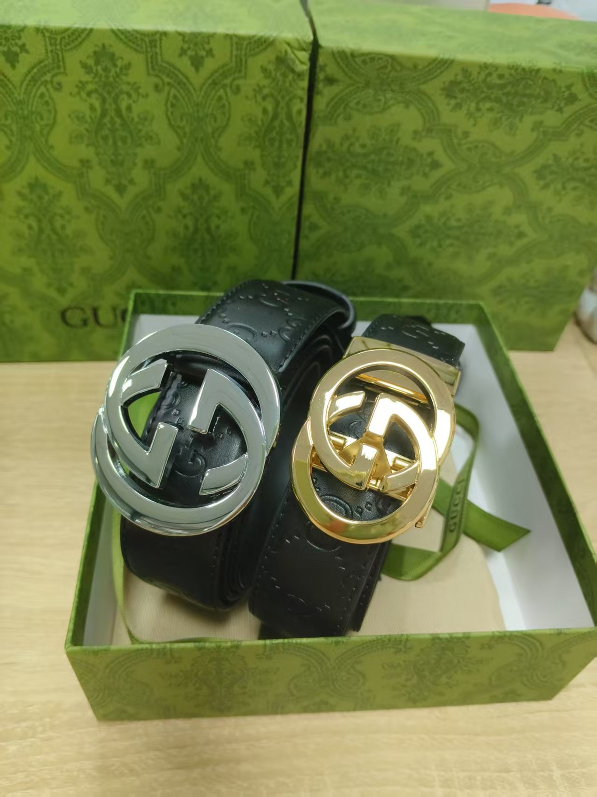 GUCCI Belts Black with Gold Silver Buckles 120cm Includes Box Set of 2