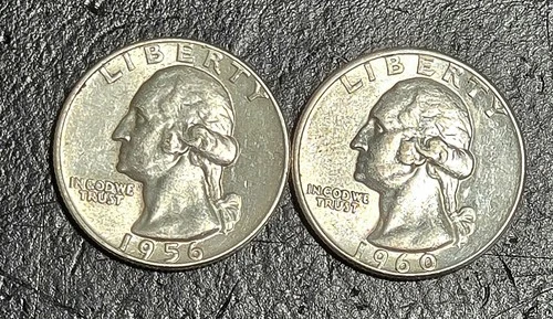 Lot of 2 Silver Washington Quarters 90% Silver Circulated 1956 & 1960