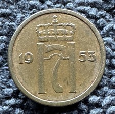 1953 1 Ore, Norway, Haakon VII (Bronze, 2.0 g, 16 mm), About VF