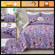 King Size Purple Floral Quilt Set - 3 Piece Lightweight Microfiber Bedding Cover