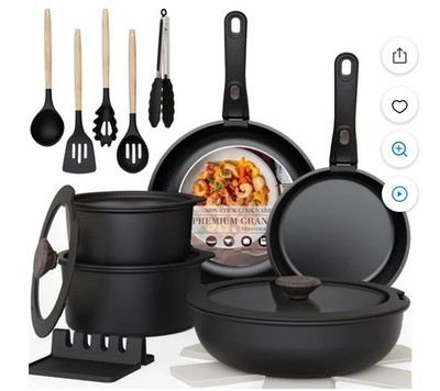 20 piece - Black Non-Stick Aluminum Pan Set with Frying Pan, Saucepan, Lids 