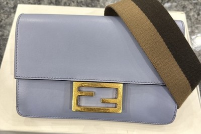 FENDI Double F Crossbody bags Leather sky blue canvas strap READ 