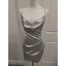 Lucy in the Sky Silver Satin Cowl Neck Ruched Mini Dress Backless Tie