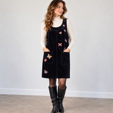 Quacker Factory Vintage 90s Black Velvet Jumper Dress L Butterfly Embroidered