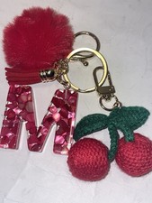 Keychain Initial M Cherry CharmPom Pom Tassel Gold Tone Bag Purse Accessory