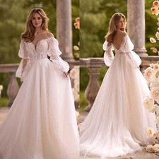 8 Off Shoulder Wedding Dresses Applique A Line Layered Backless Long Puff Sleeve