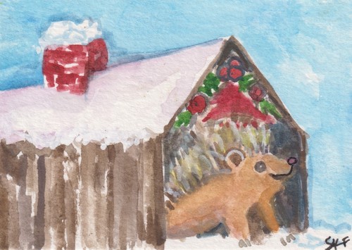 ACEO Original Hedgehog in Cabin, Snow Watercolor Painting -  Sharon Foster OOAK