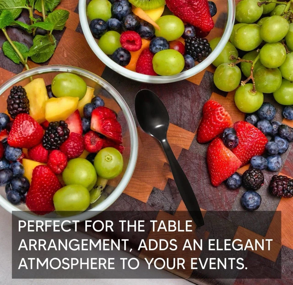 100x Black Plastic Spoons Heavy Duty Disposable Reusable Party Picnic Catering - Image 3 of 4