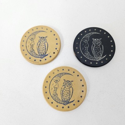 Antique c.1900 Engraved Clay Poker Chips   Owl & Moon Design 2 White & 1 Black
