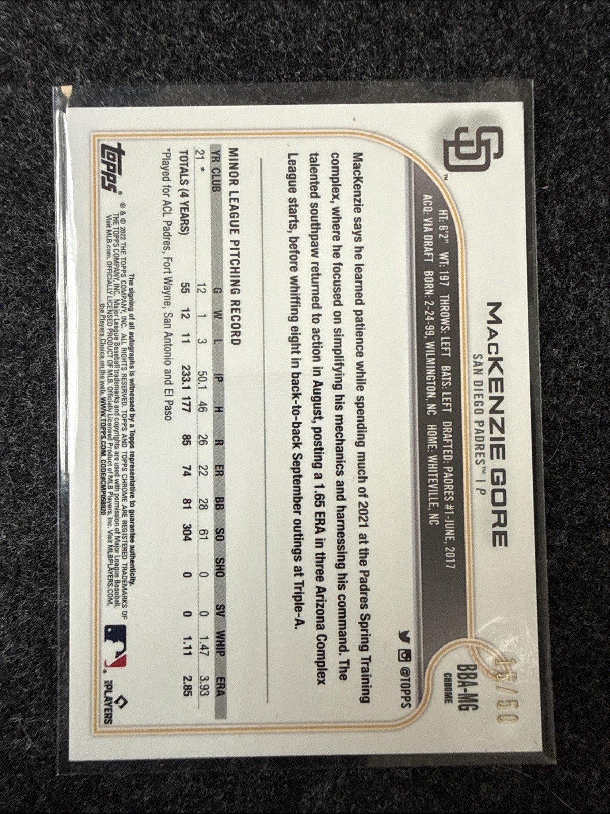 2022 Topps Chrome Ben Baller MacKenzie Gore Rookie Auto RC Gold Refractor #/50 view 2