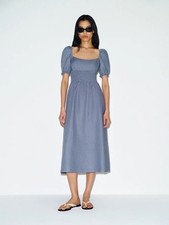 NEW Reformation Adler Linen Midi Smocked Puff Sleeve Dress Cornflower Blue US 4