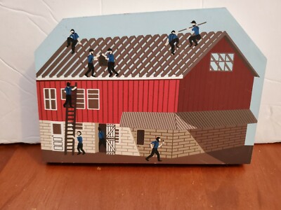 Miller Barn Raising 1996 wooden decor, R. R. Creations, numbered, 6.5'' x 4.75''