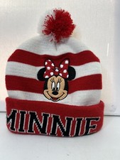 Disney Minnie Mouse Girl's Beanie with Pom Pom Embroidered Red  White Stripe