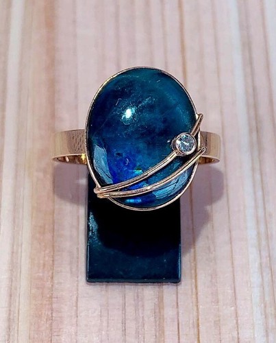 Vintage Kaunis Koru Finland Oval Spectrolite Labradorite Diamond 14k Ring RARE