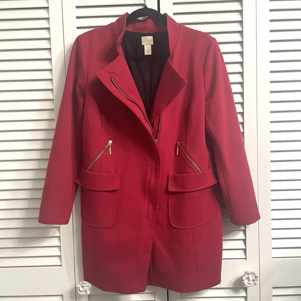 Chaqueta Chico's Mujer Roja Ponte Cremallera Blazer Bolsillos Longline Dorado Herrajes Mediana Foto 2 de 4