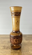 Vintage Hand Carved Turned Wooden Vase Floral Natural Wood Boho 12" Bohemian