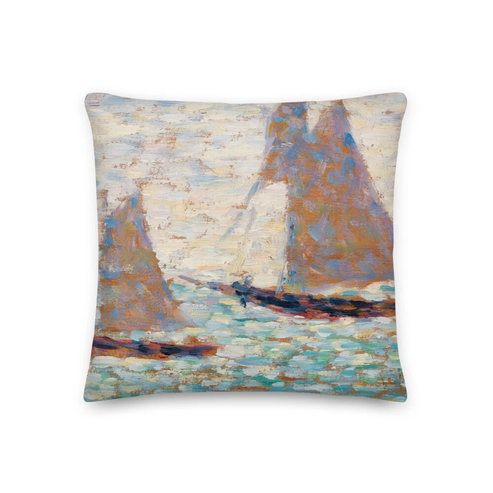 Artist Seurat Home Decor Throw Pillow with Sailboats. Beach House Decor