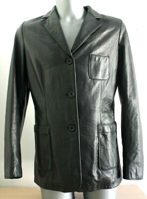 VTG Womens GARBO PELES Italy Soft Leather Safari Black Jacket Size 44 UK 12 / 14