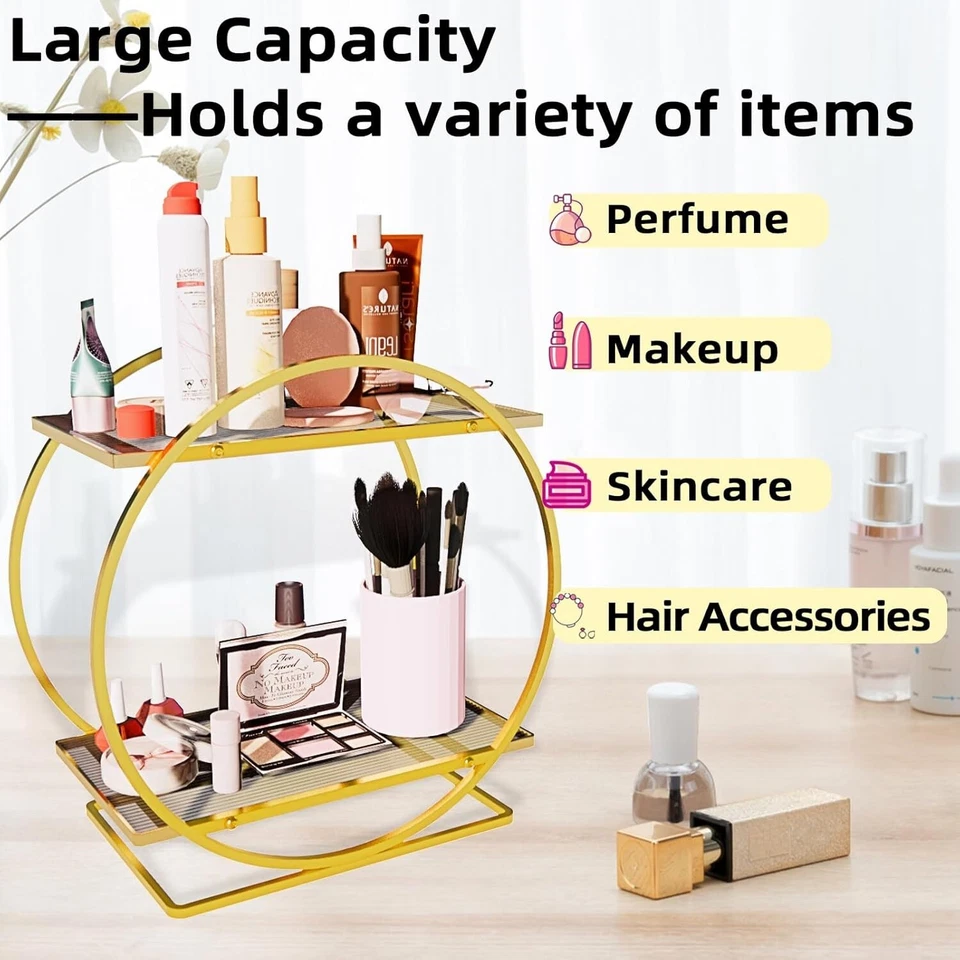 Nexyetnov - Organizador de baño de 2 niveles, organizador de perfumes para tocador, dorado Foto 4 de 4