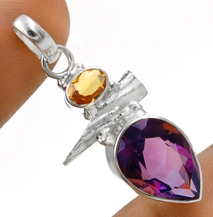 3CT Natural Amethyst Citrine Sterling Silver Pendant 1.25 Inch B19-1