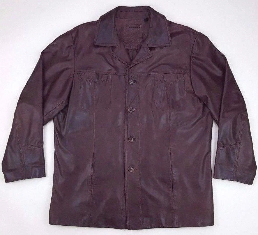 Roundtree and Yorke Leather Jacket Large Brown Long Mens Size Coat