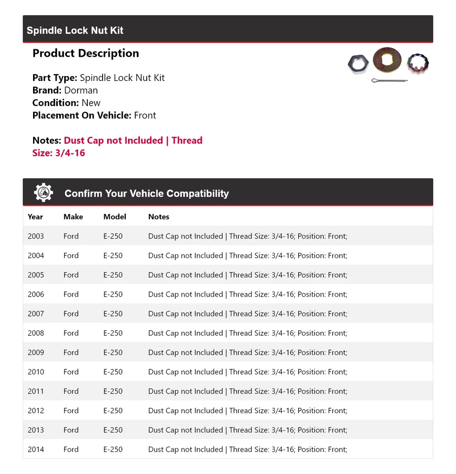 Kit de tuercas de bloqueo de husillo delanteras para Ford E-250 Dorman 2003-2014 2004 2005 2006 2007 Foto 2 de 4