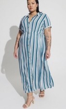 Torrid NWT! Blue Stripe Maxi Rayon Slub Button Front Godet A-Line Dress Size 2