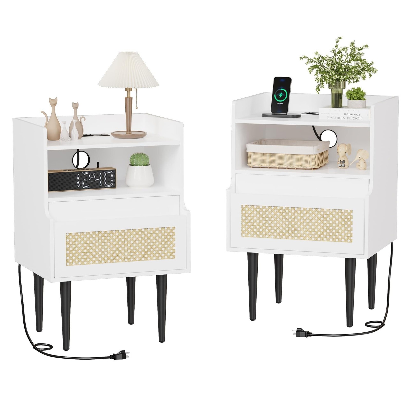 Rattan Nightstand Set of 2 with USB Charging Station and Storage Shelf-image