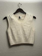 H M Divided Women  s Rib Knit V Neck Sweater Vest Cream Size S Square Geometric