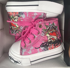Ed Hardy Girls US 5 Pink Canvas High Top Lace-Up Skull Graphic Sneakers