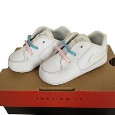 Nike Baby Crib Shoes White Leather Pink Blue Laces Infant Toddler Vintage 90s