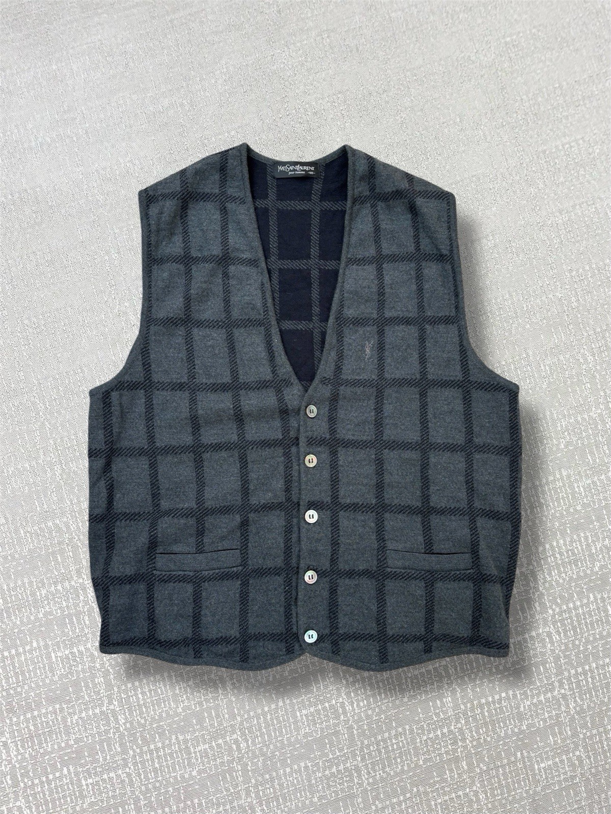Yves Saint Laurent maglia maglione gilet uomo taglia XL grigio logo vintage anni 90 check