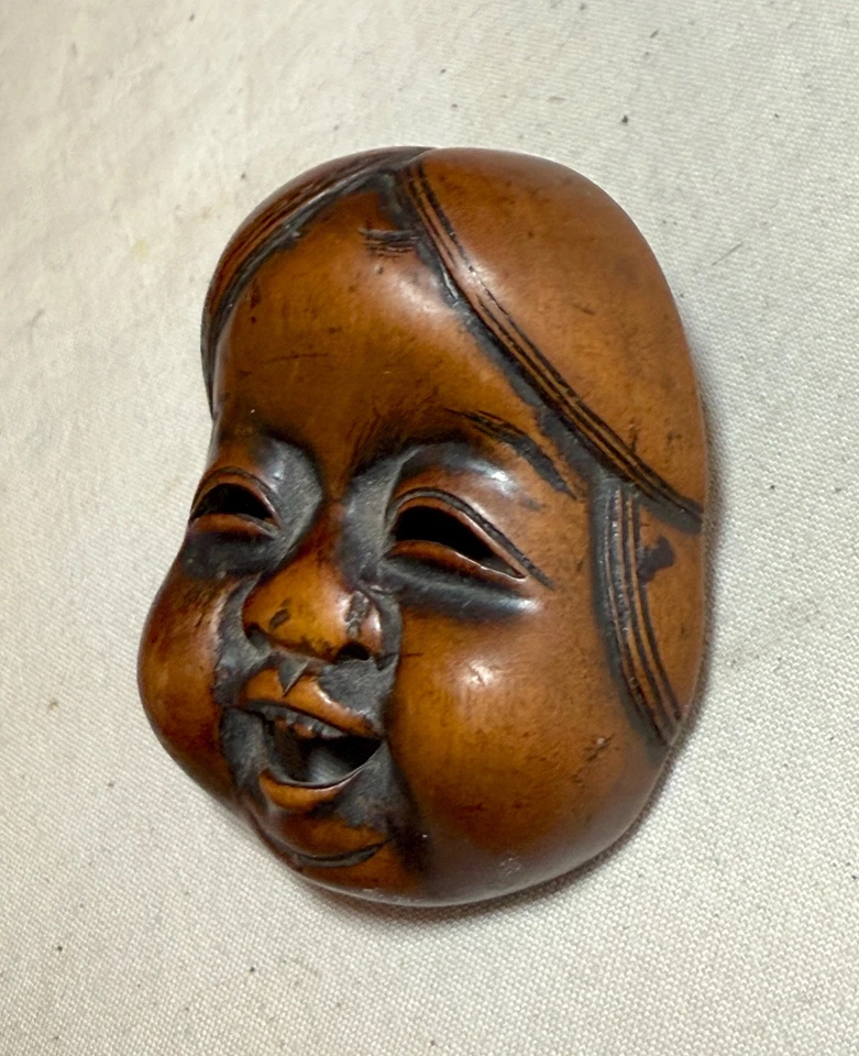 Antique Japanese Hand Carved Boxwood Netsuke Okame Noh Mask Mennetsuke Sculpture - Imagem 2 de 4