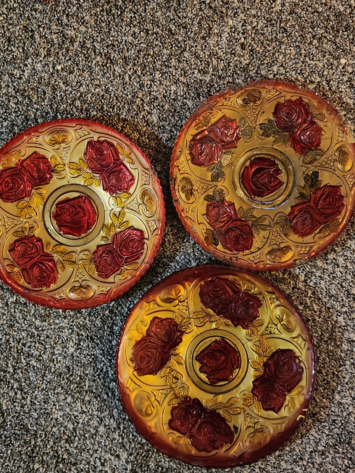 3 Antique Goofus Glass Plates Red Roses On Gold,  Indiana Glass, Scalloped Edges