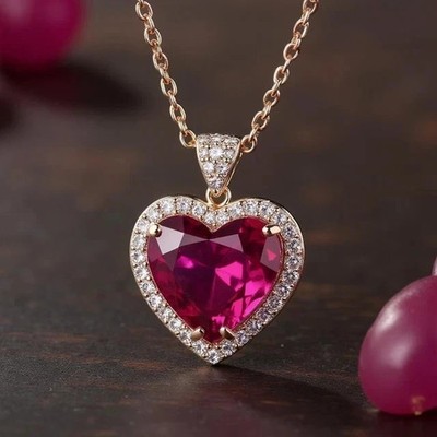 4Ct Heart Cut Lab Created Red Ruby Halo Pendant 14K Yellow Gold Plated Silver