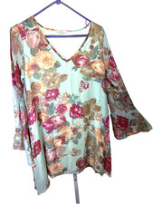 Womens Large Sheer Bell Sleeve Dress Chiffon Floral V Neck Sheer Midi Fairy