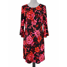 Tommy Hilfiger Dress Womens 12 Black Pink Floral Stretch Knit Back Zip Bell Slv